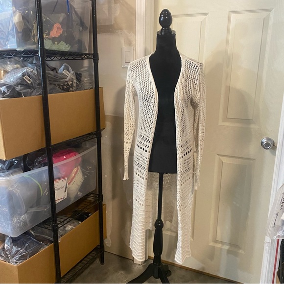 Moral Fiber Open Cardigan Large Women Embroidered Long Line Beige long sleeve - Picture 3 of 10